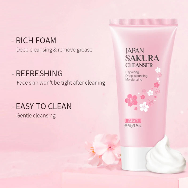 LAlKOU Japan Sakura Gentle Cleansing Facial Cleanser Shrink Pores Deep Clean Oil Control Remove Blackhead Moisturizing Skin Care