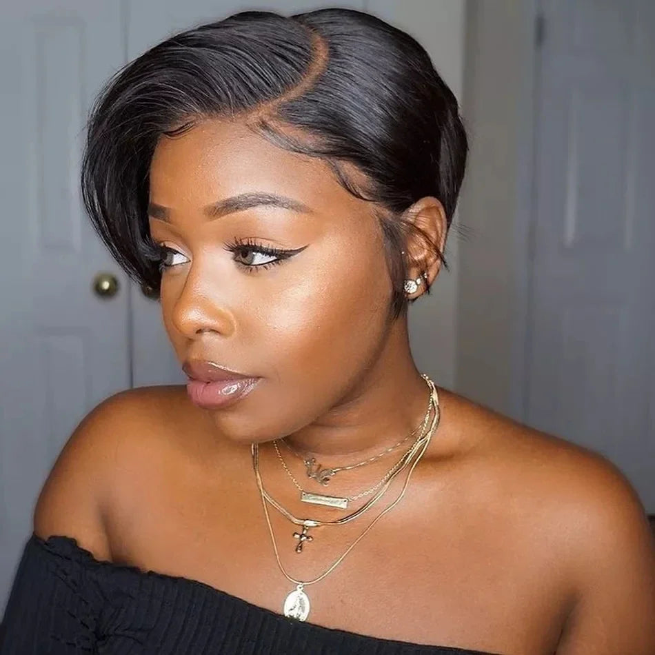 Burmese Hair Side Part Pixie Cut Straight Wigs Short Bob Hair Wig 100% Human Hair 13x4 Lace Front Human Hair Wigs Natural Color