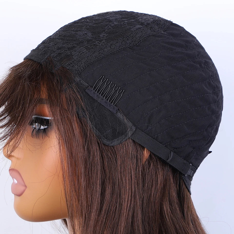 Lekker Chocolate Brown Long Straight 100% Human Hair Wig With Bangs For Women Brazilian Remy Hair Full Machine Made Daily Wigs