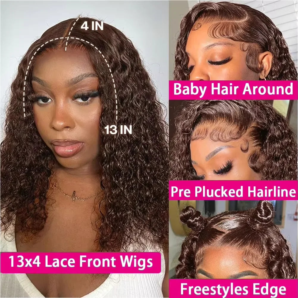 Brown kinky Curly Short Bob Wig 13x4 4x4 Bob Wigs Brazilian Water Deep Wave Human Hair Wig Preplucked For Woman Short Pixie
