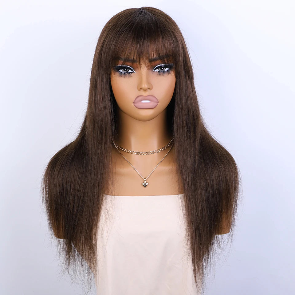 Lekker Chocolate Brown Long Straight 100% Human Hair Wig With Bangs For Women Brazilian Remy Hair Full Machine Made Daily Wigs