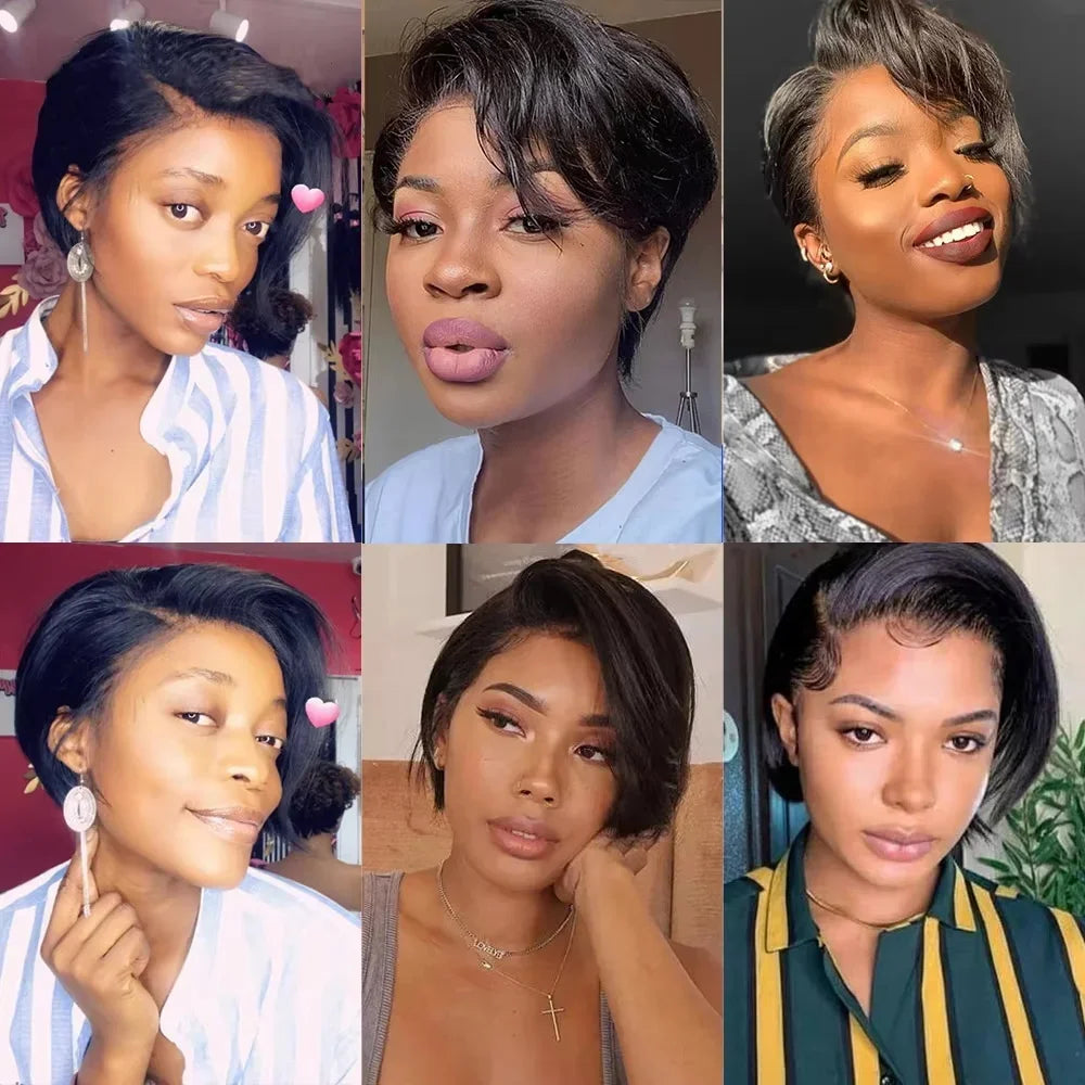 Burmese Hair Side Part Pixie Cut Straight Wigs Short Bob Hair Wig 100% Human Hair 13x4 Lace Front Human Hair Wigs Natural Color