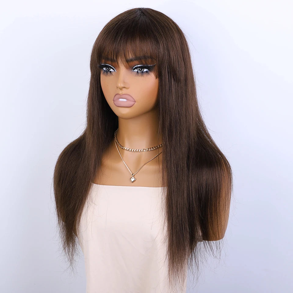 Lekker Chocolate Brown Long Straight 100% Human Hair Wig With Bangs For Women Brazilian Remy Hair Full Machine Made Daily Wigs