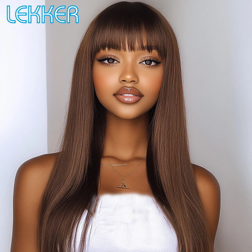 Lekker Chocolate Brown Long Straight 100% Human Hair Wig With Bangs For Women Brazilian Remy Hair Full Machine Made Daily Wigs