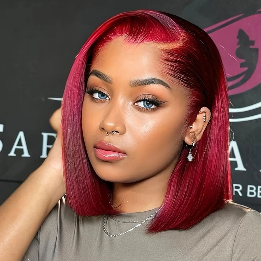 Bob Wig Human Hair 13X4 HD Lace Frontal Short Straight Lace Front Bob Wigs for Black Women Human Hair Wine Red 99J Burgundy