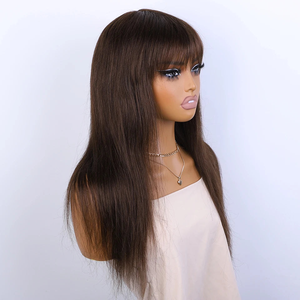 Lekker Chocolate Brown Long Straight 100% Human Hair Wig With Bangs For Women Brazilian Remy Hair Full Machine Made Daily Wigs