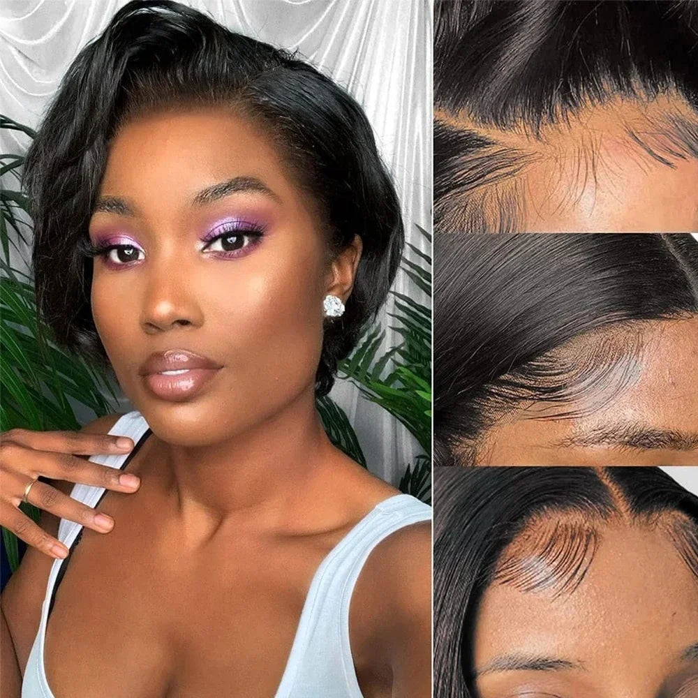 Burmese Hair Side Part Pixie Cut Straight Wigs Short Bob Hair Wig 100% Human Hair 13x4 Lace Front Human Hair Wigs Natural Color